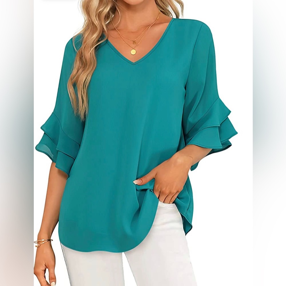 NWT Turquoise V-Neck Chiffon 3/4 Ruffled Bell Sleeves, Size XL
